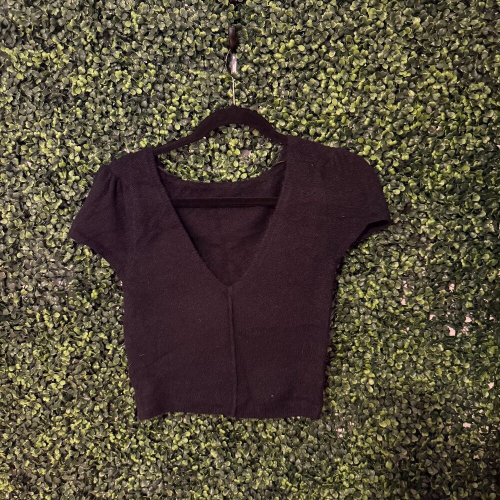 Black Knit V-Neck Top Short Sleeve Fitted Sweater Tee Size S
